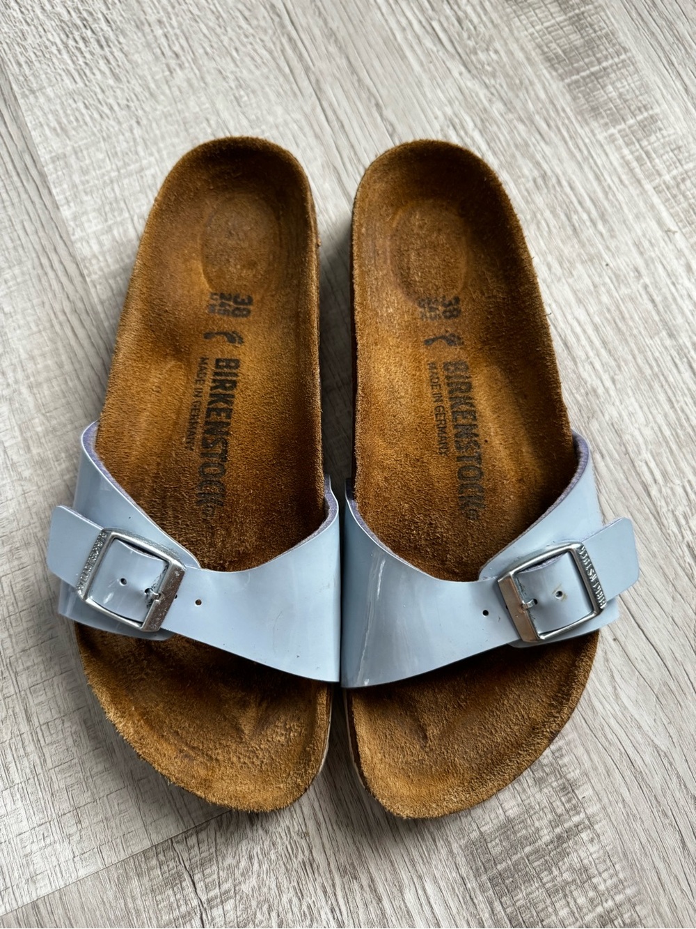 Birkenstock Kids Madrid Patent Slide Sandals in Light Blue
